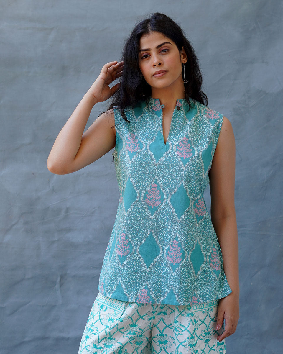 Frangipaniâ€™s Freshness Teal Green Block Printed Top - MMG