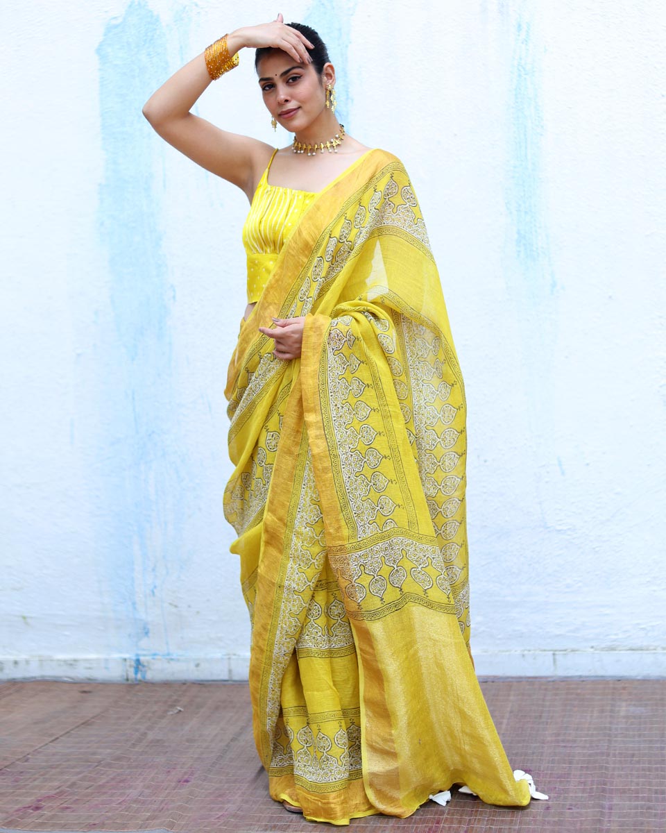 Ziya Yellow Handblock Print Linen Saree - RSH