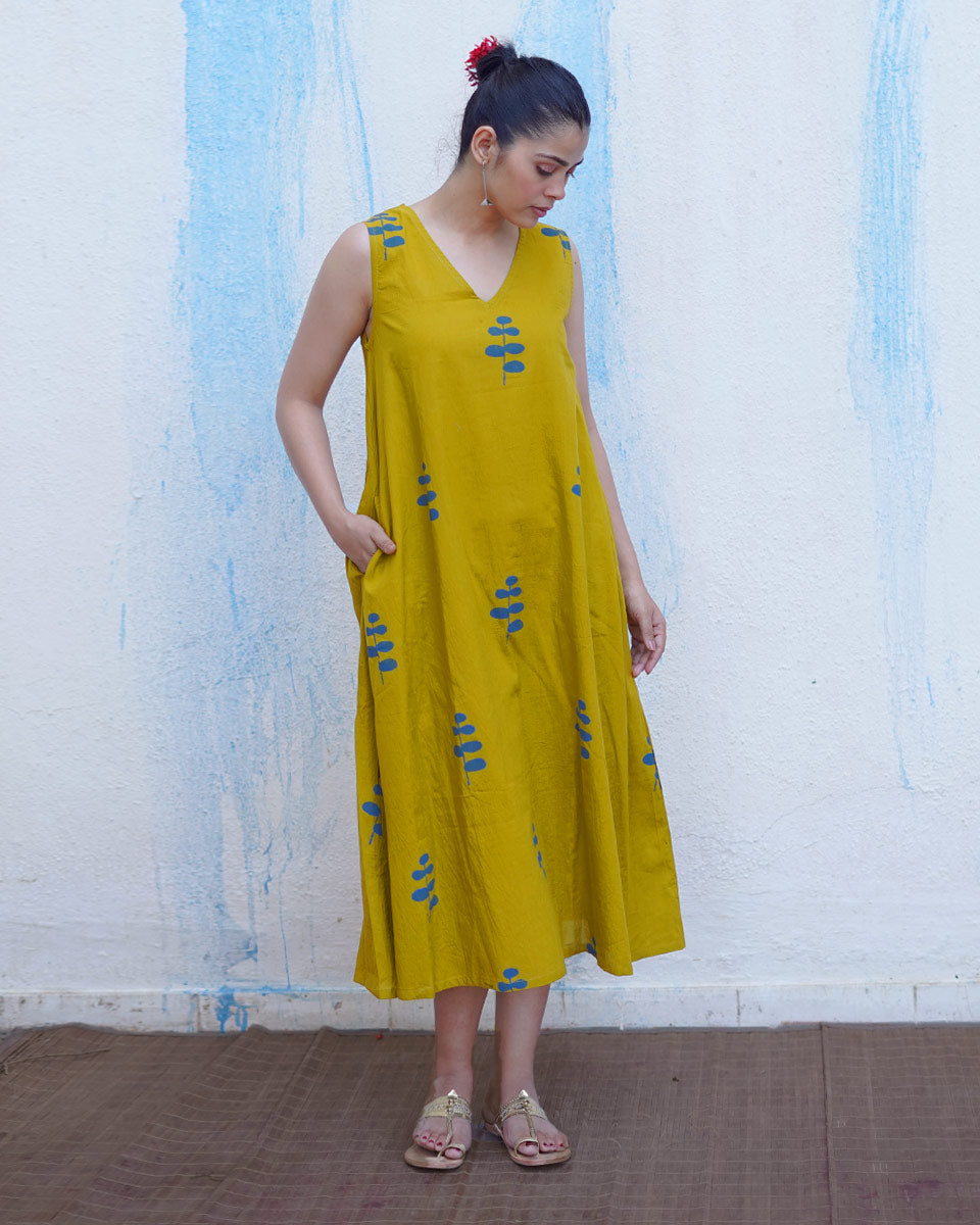 Natkhat Mustard Yellow Handblock Print Cotton Dress - BFG