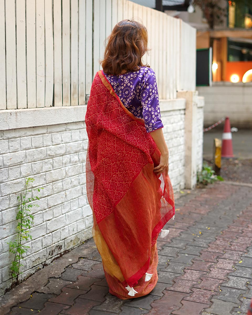 Ananya Red Handblock Printed Linen Saree - Anant