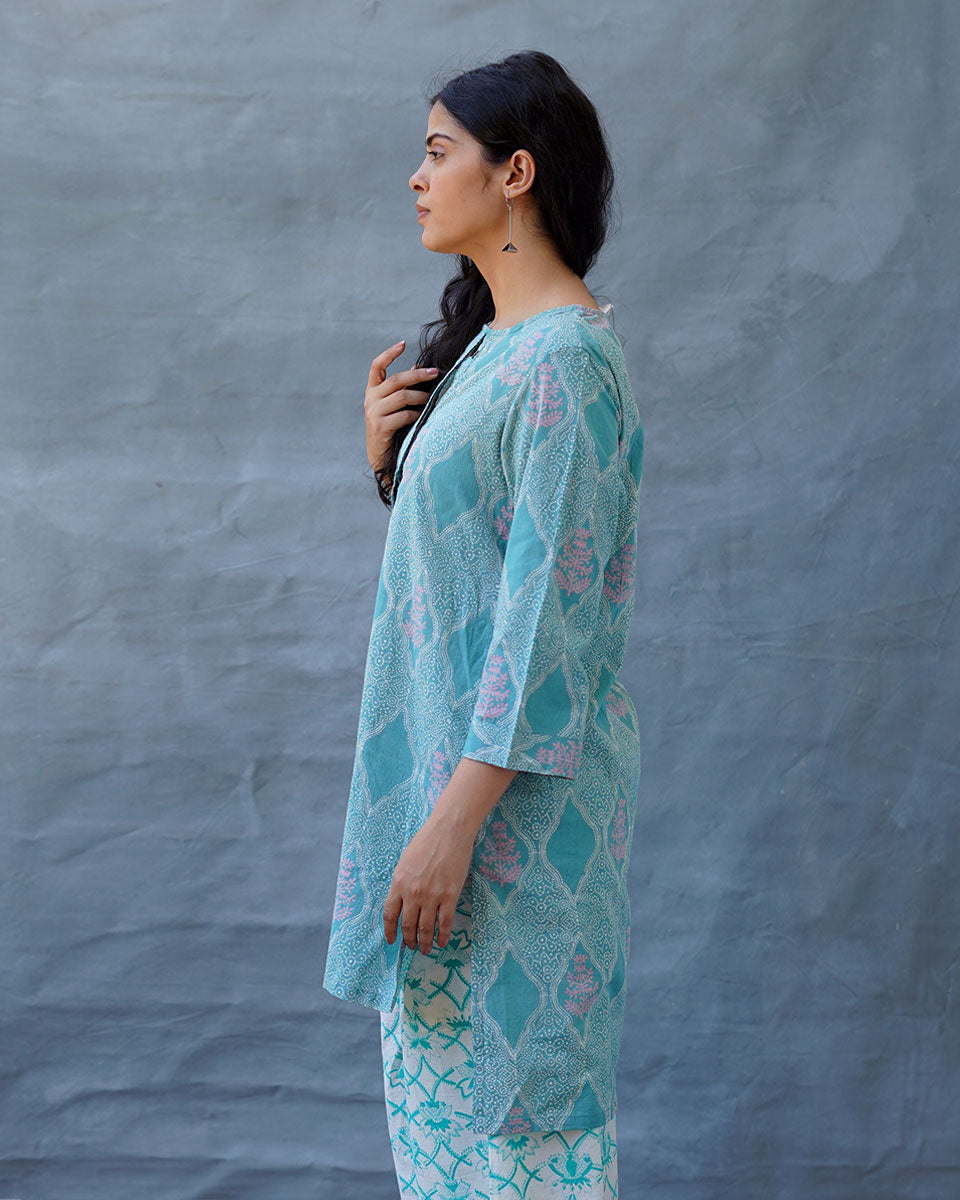 Tenderness of Tulips Teal Green Block Printed Kurti - MMG