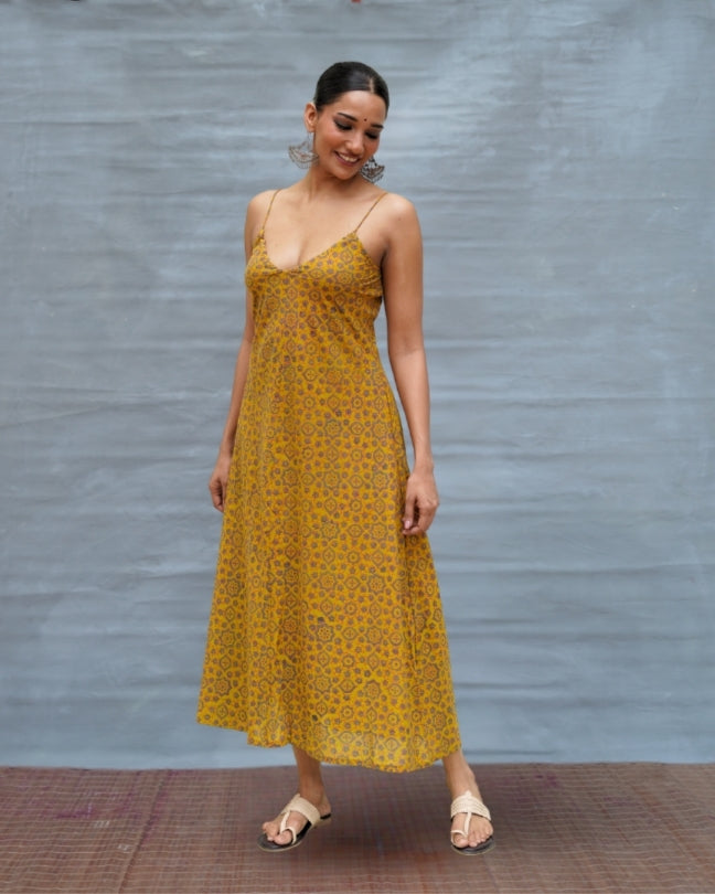 Worm Moon Yellow Handblock Print Cotton Dress - MNCH