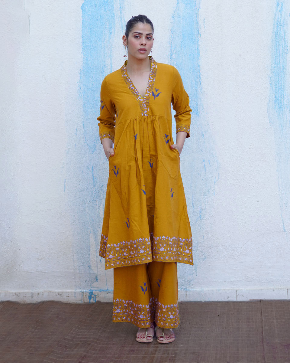 Rangeeli Mustard Yellow Handblock Print Cotton Kurta Set - BFG