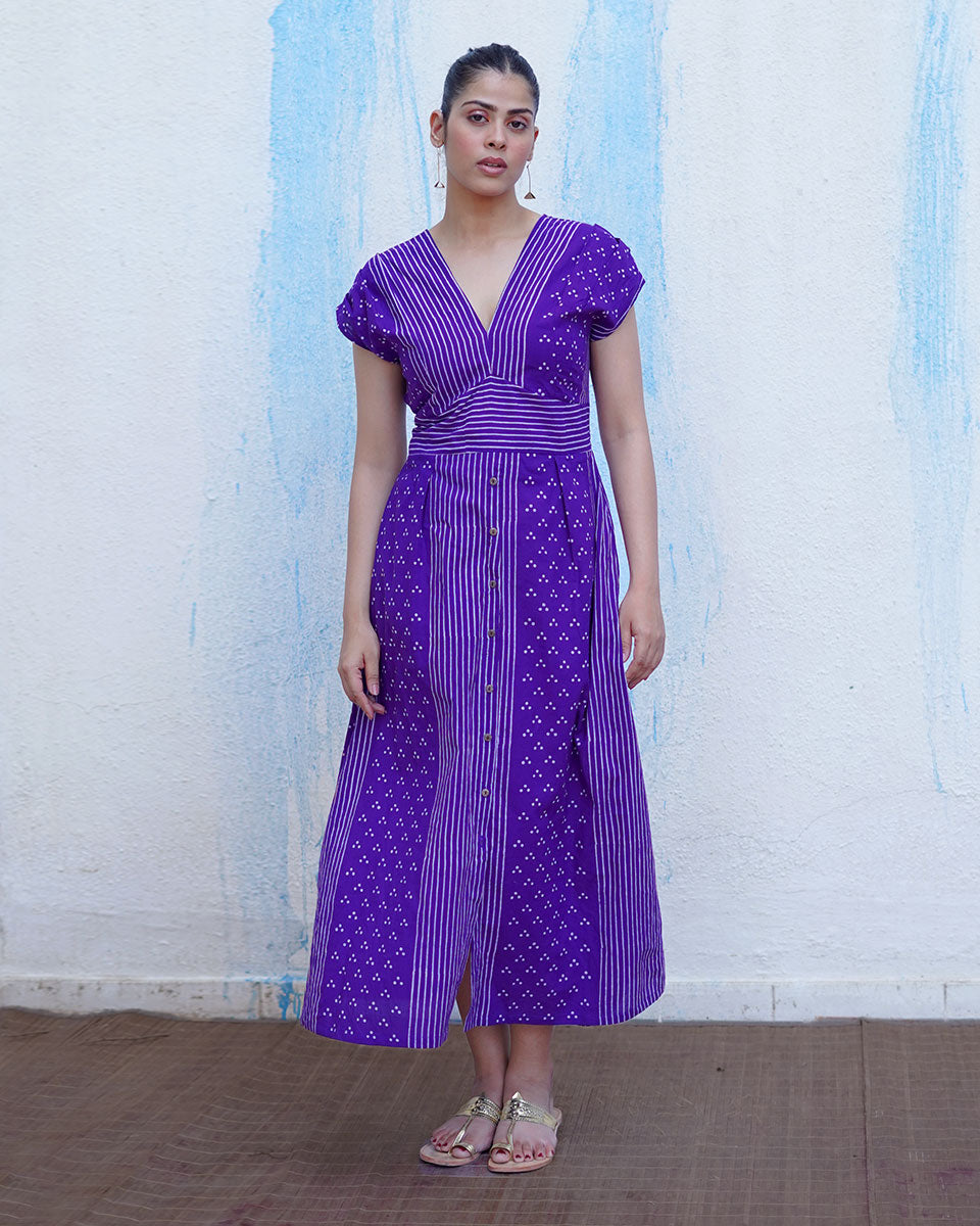 Lahari Purple Handblock Print Cotton Dress - BFG
