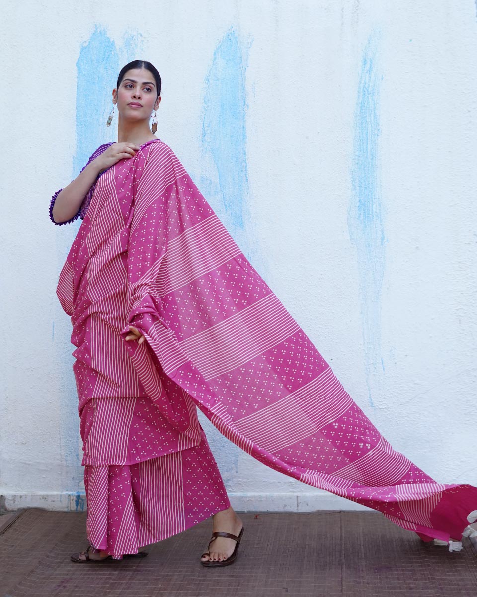 Patang Pink Handblock Print Cotton Saree - BFG