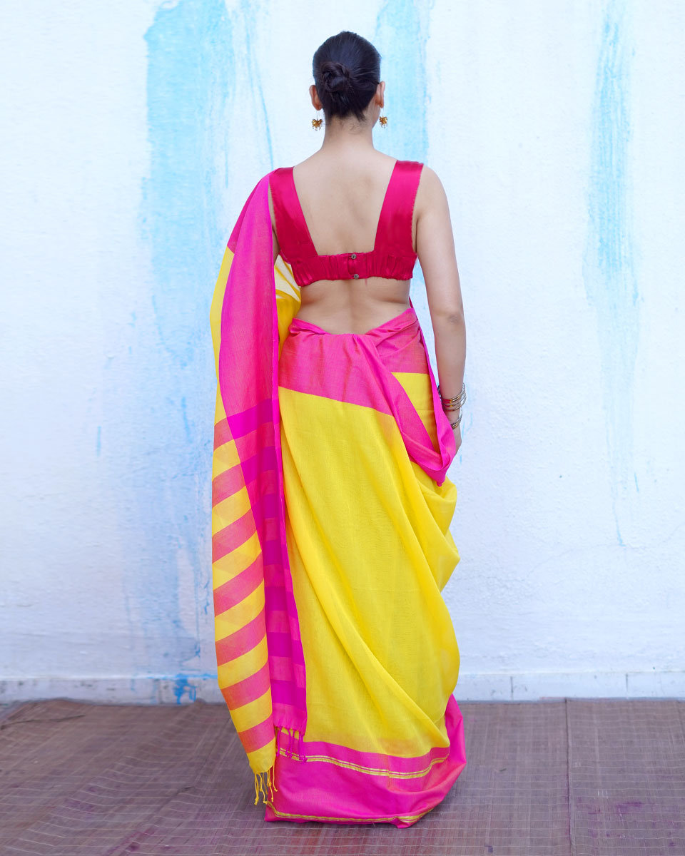 Athena Yellow With Pink Handwoven Cotton Saree - NTC