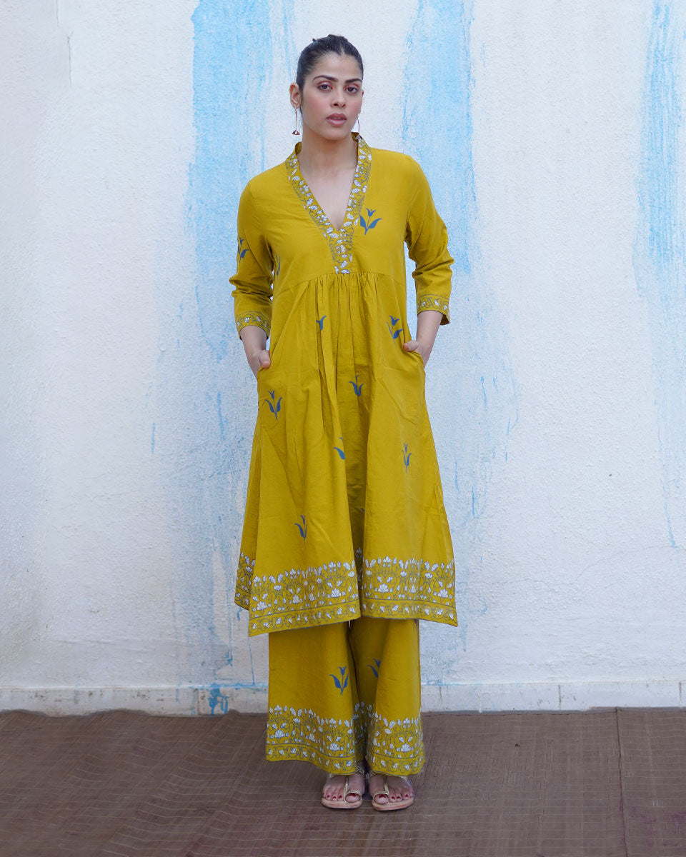 Rangeeli Mustard Yellow Handblock Print Cotton Kurta Set - BFG
