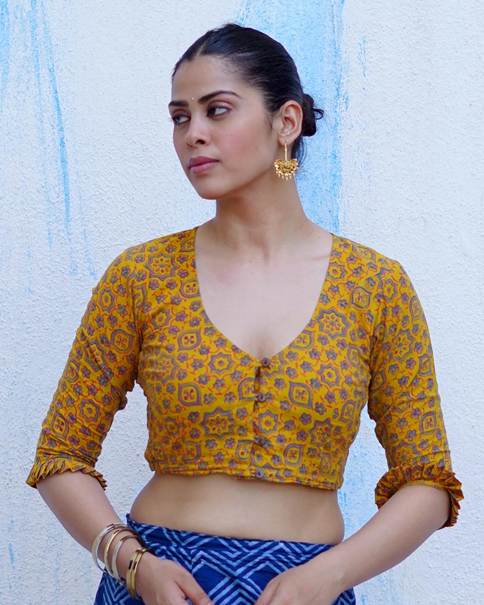 Swinging in veranda Mustard Yellow Hand Block Printed Cotton Blouse - UMT