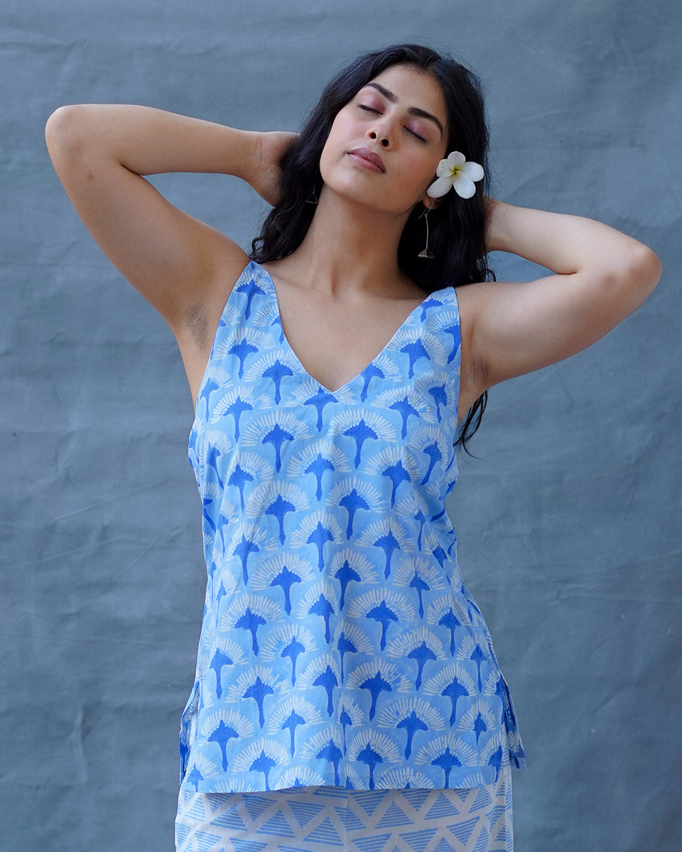 Varsha Ivory Blue Hand Block Printed Top-BAD