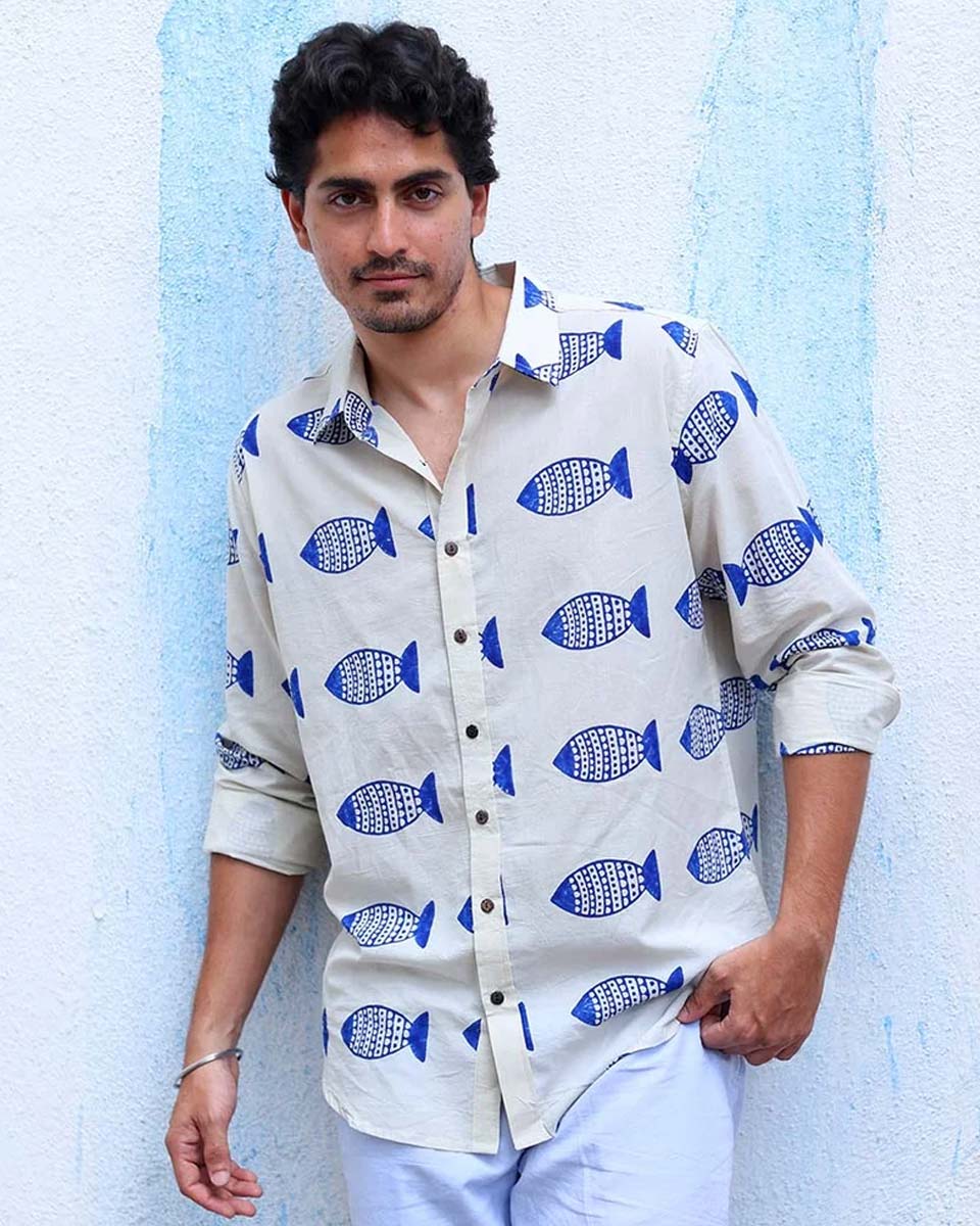 Aabru White Hand Block Print Cotton Shirt - TOF