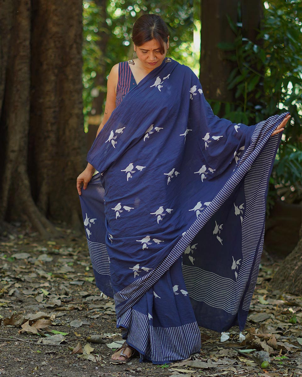 Mehekti Khushboo Blue Hand Block Printed Cotton Saree - UMT
