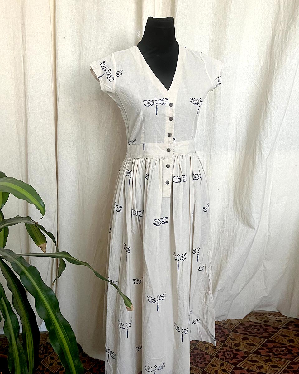 Ivory Glow handblock printed cotton dress - LD