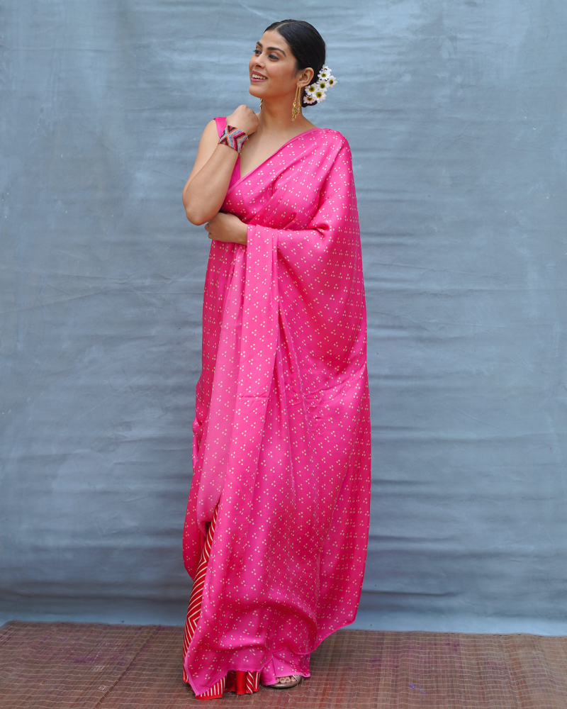 Light Sway Pink With Red Handblock Print Modal Silk Saree - Flow