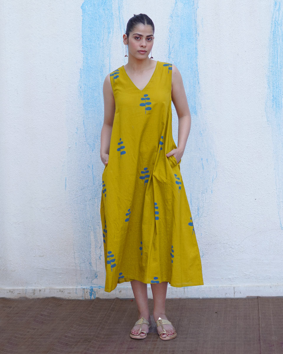 Natkhat Mustard Yellow Handblock Print Cotton Dress - BFG