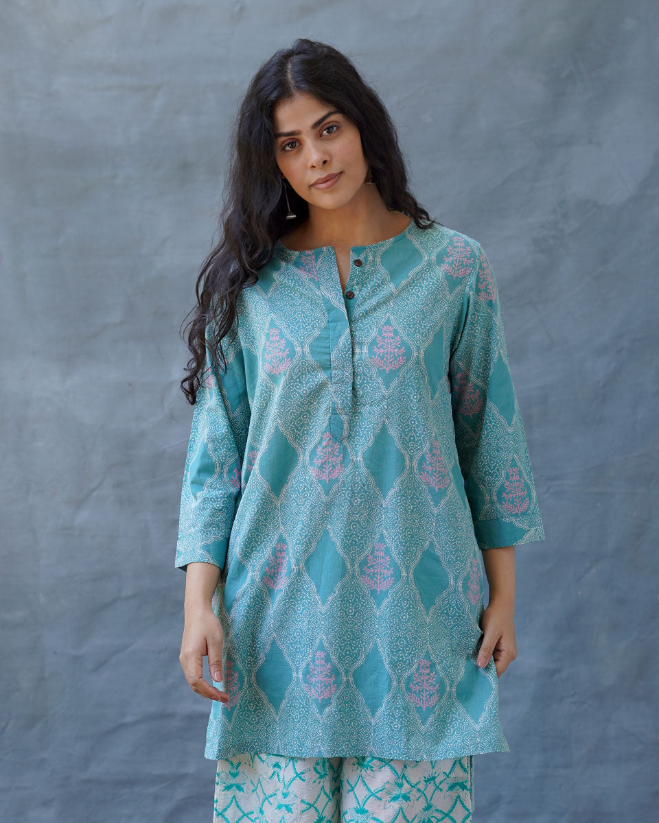 Tenderness of Tulips Teal Green Block Printed Kurti - MMG