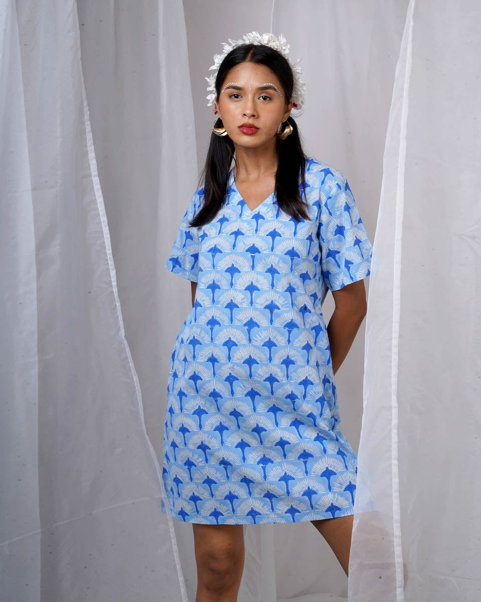 Ira Blue Hand Block Printed Dress-BAD