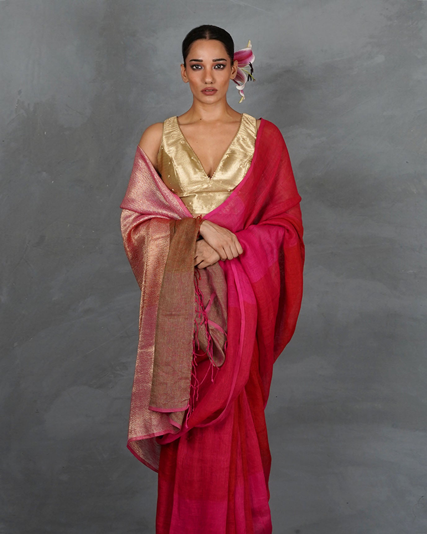 Inner Glow Red With Pink Handwoven Linen Saree - TARA