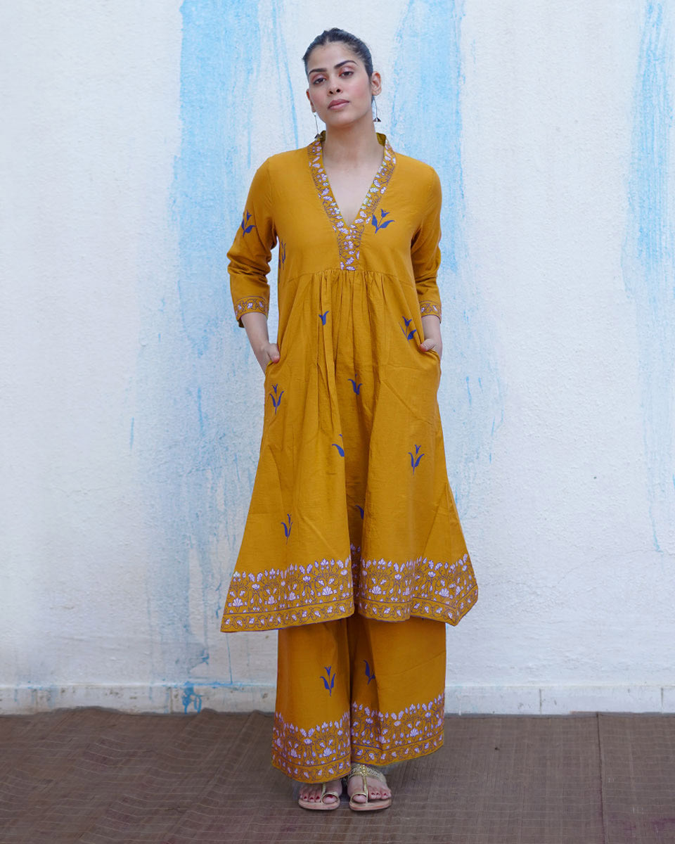 Rangeeli Mustard Yellow Handblock Print Cotton Kurta Set - BFG