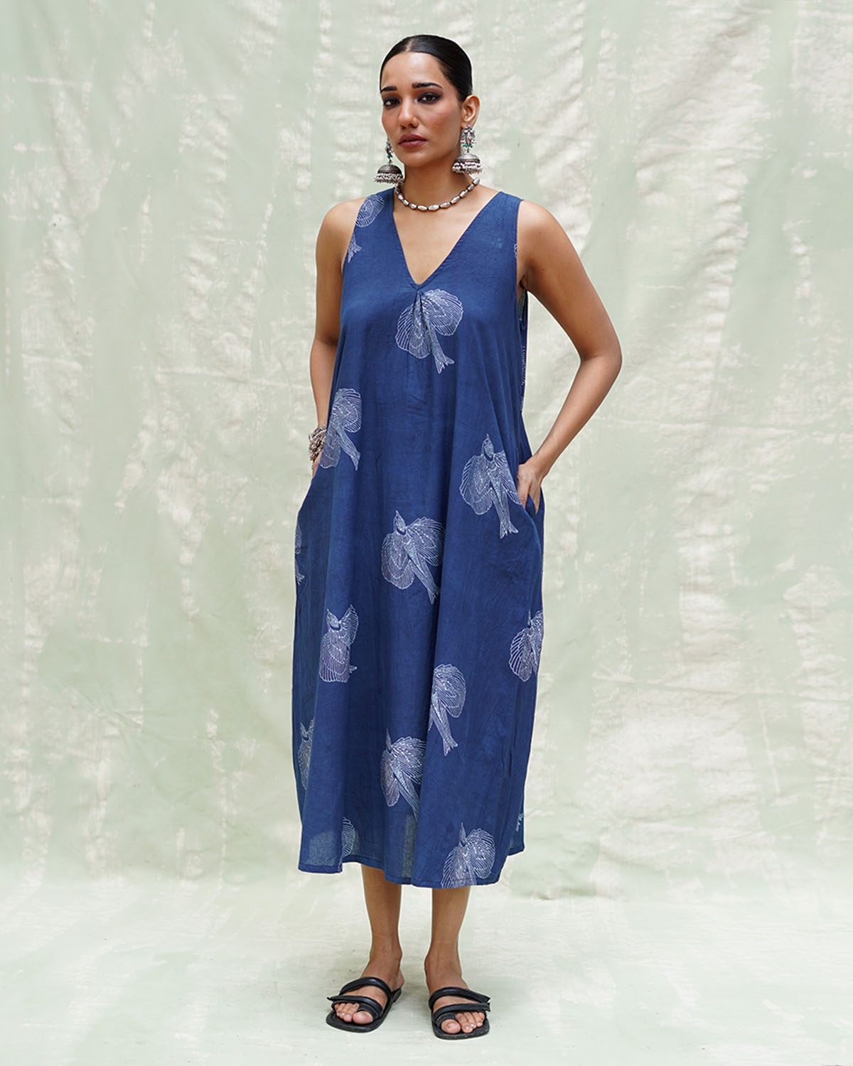 Adana Malhar Blue Handblock Print Cotton Dress - INDI