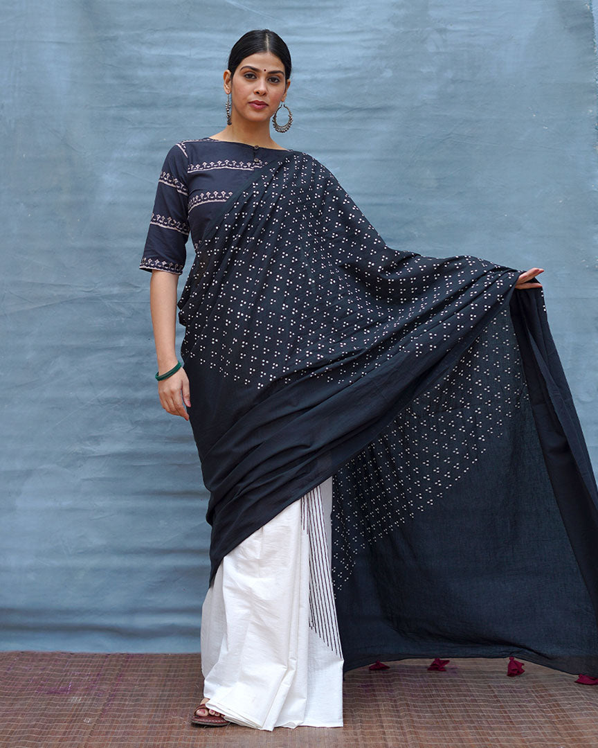 Monochrome Magic Black & White Handblock Print Cotton Saree - M&M