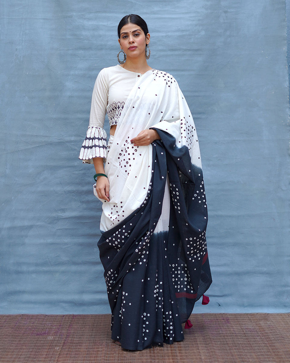 Colourblind Black & White Handblock Print Cotton Saree - M&M