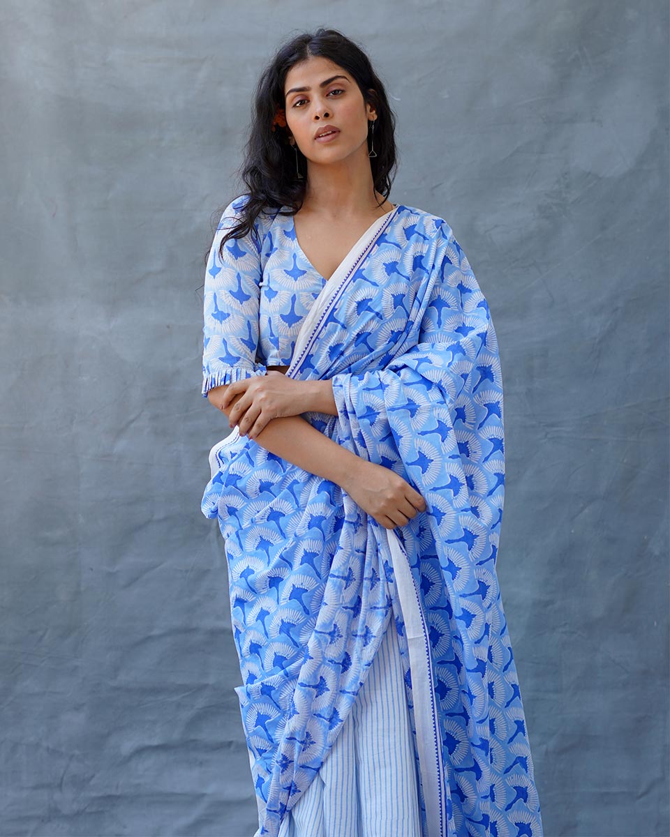 Maya Blue Hand Block Printed Saree-BAD