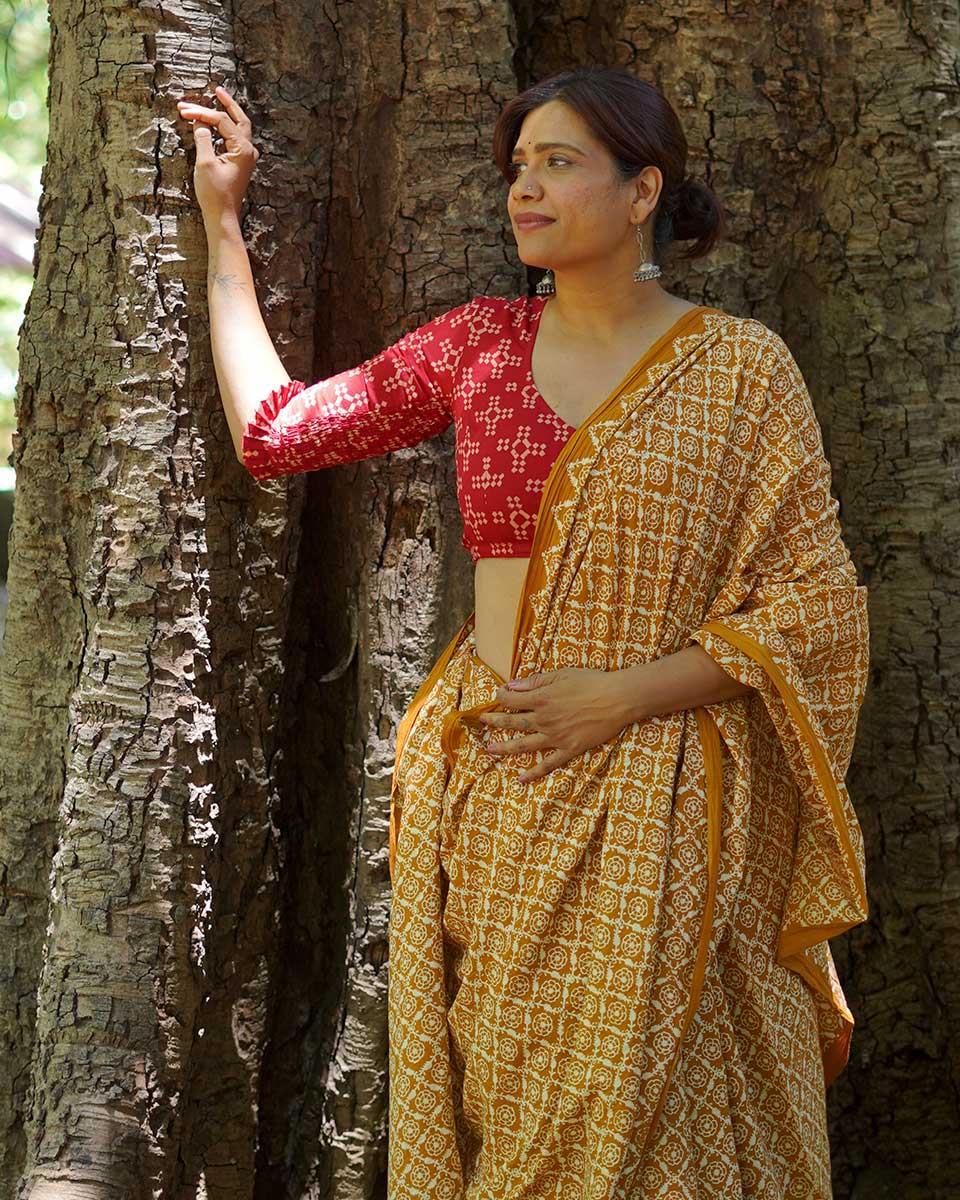 Under Open Skies Mustard Hand Block Printed Cotton Saree - UMT