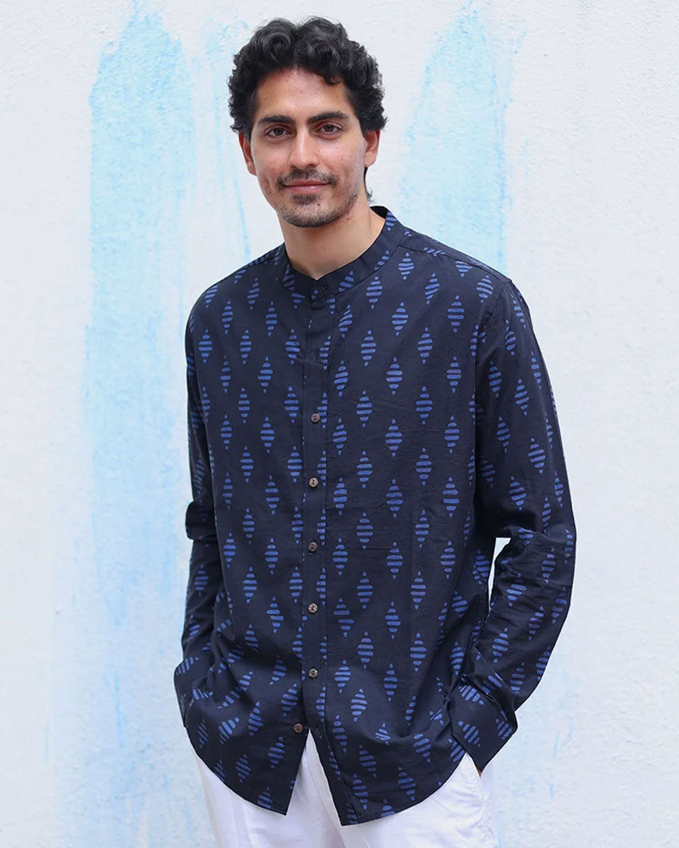 Khwab Blue  Hand Block Print Cotton Shirt - TOF