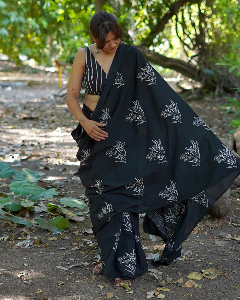 Afternoon Nap Black Hand Block Printed Cotton Saree - UMT