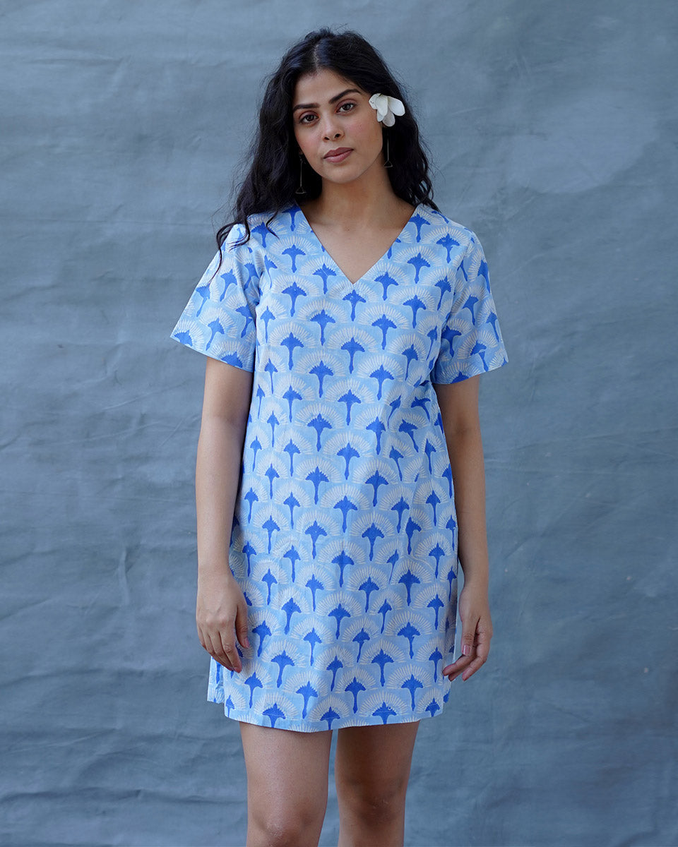 Ira Blue Hand Block Printed Dress-BAD