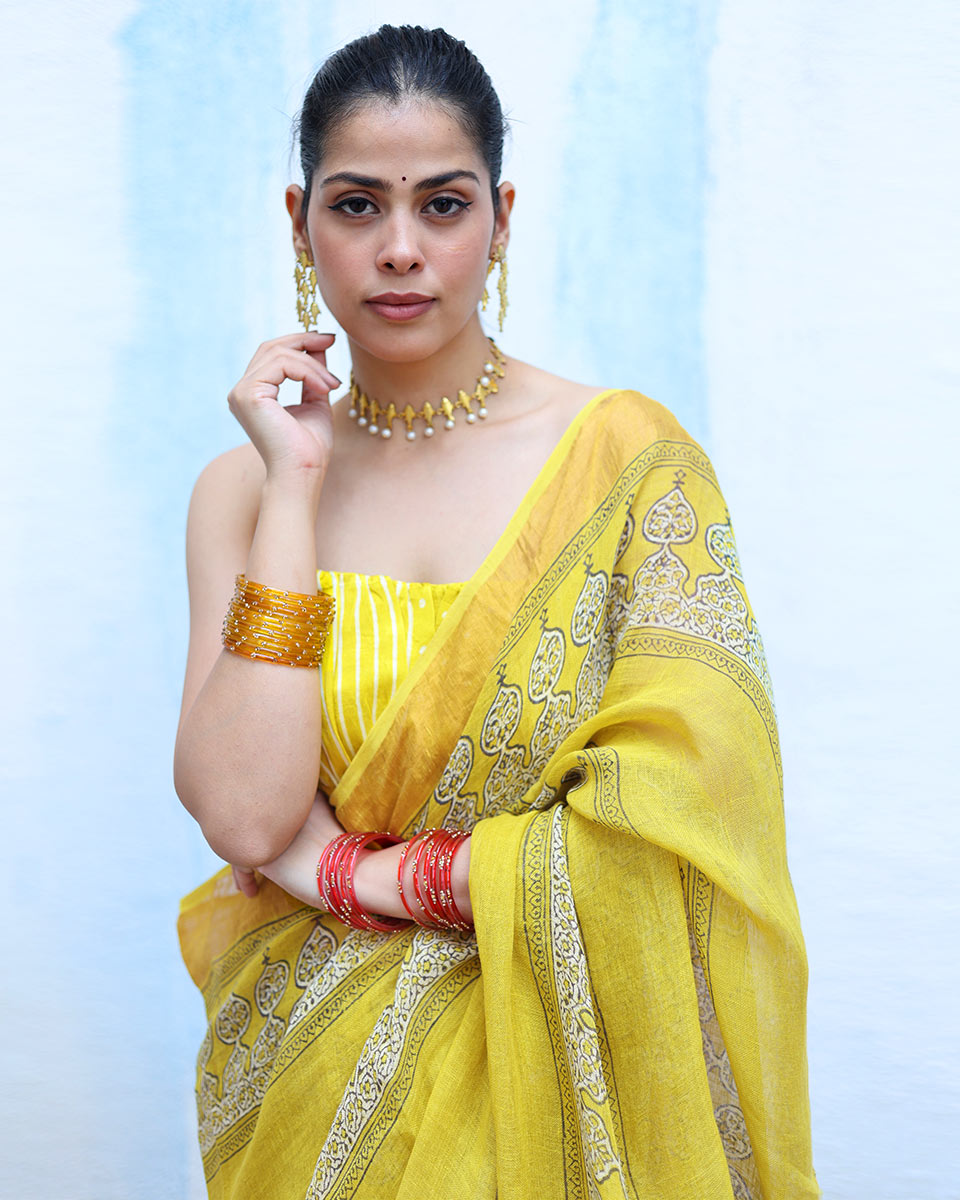 Ziya Yellow Handblock Print Linen Saree - RSH