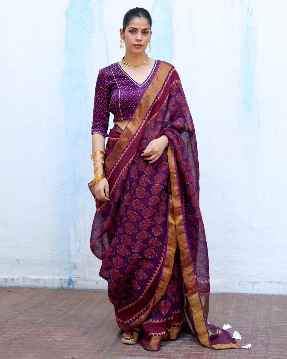 Sitara Purple Handblock Print Linen Saree - RSH