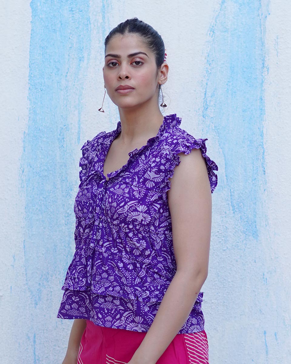 Phulwa Purple Handblock Print Cotton Top - BFG