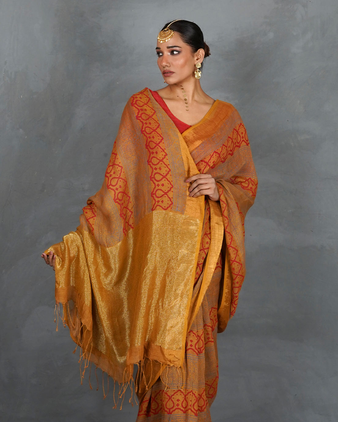 Deepika Mustard  Handblock Linen Saree - TARA
