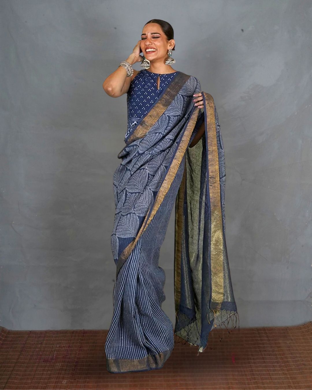 Malhari Blue Handblock Print Linen Saree - INDI