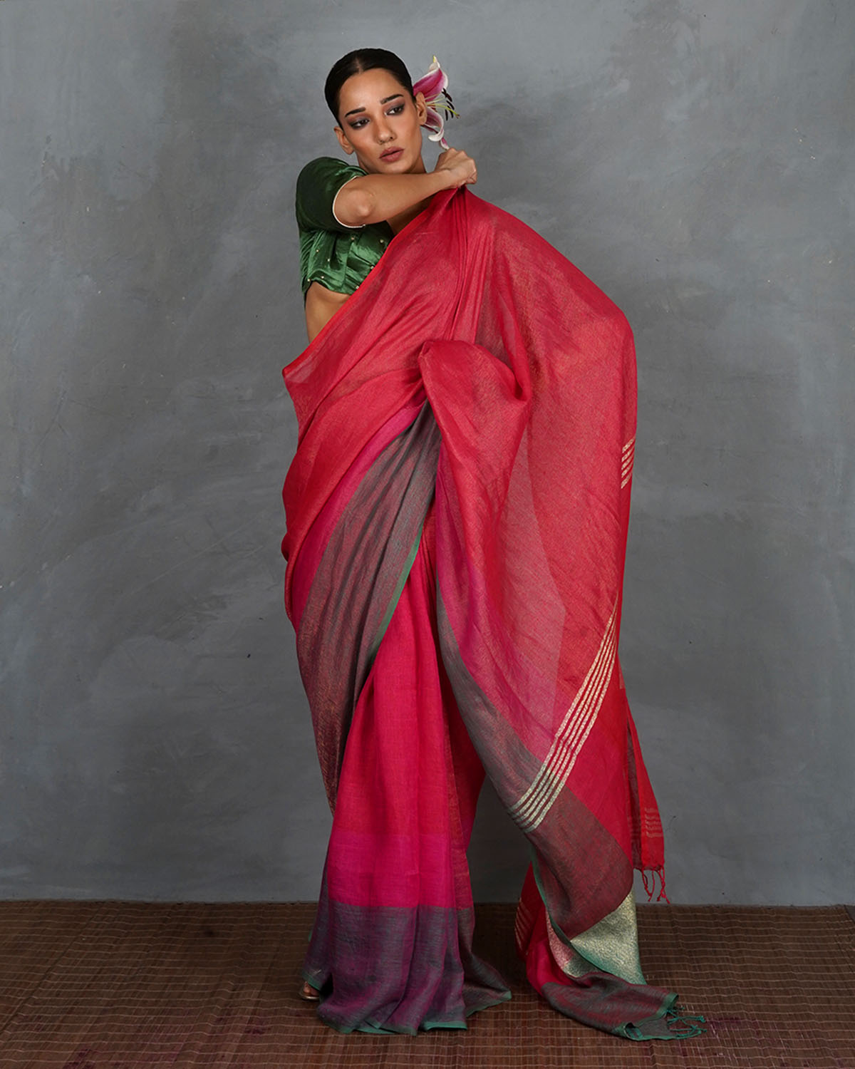 Glow Forward Red With Green Handwoven Linen Saree - TARA