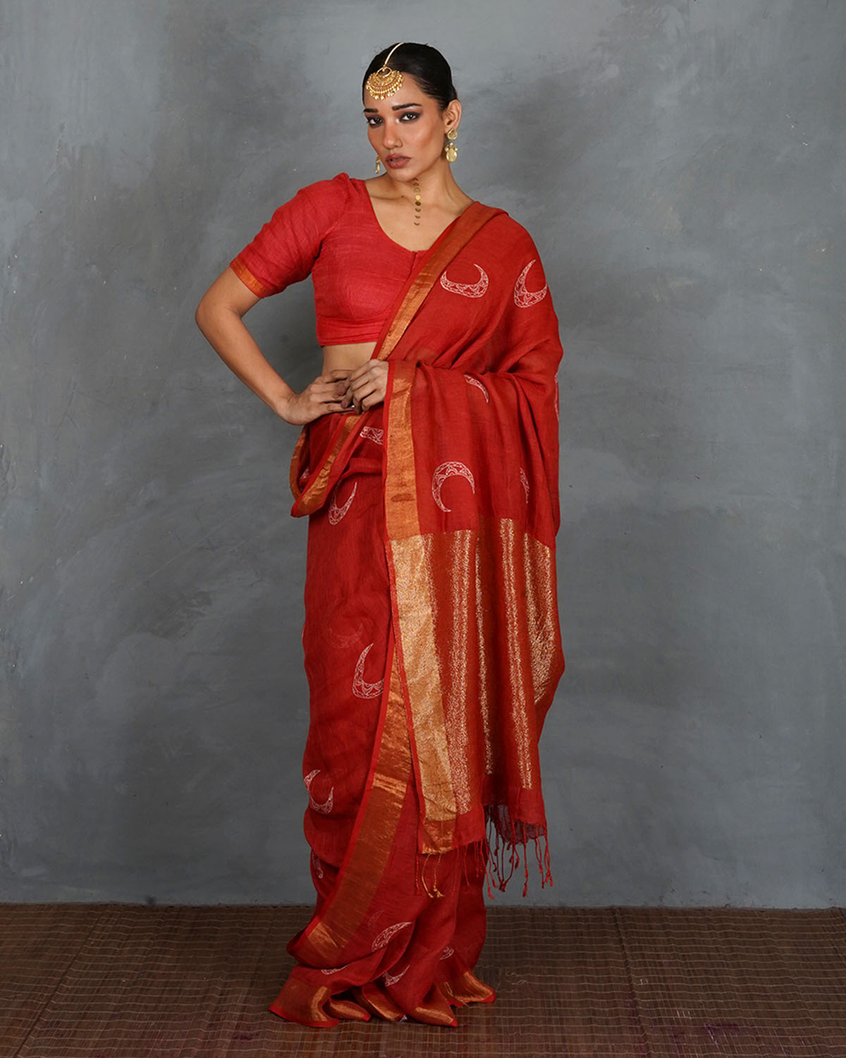 Taraani Red Handblock  Linen Saree - TARA
