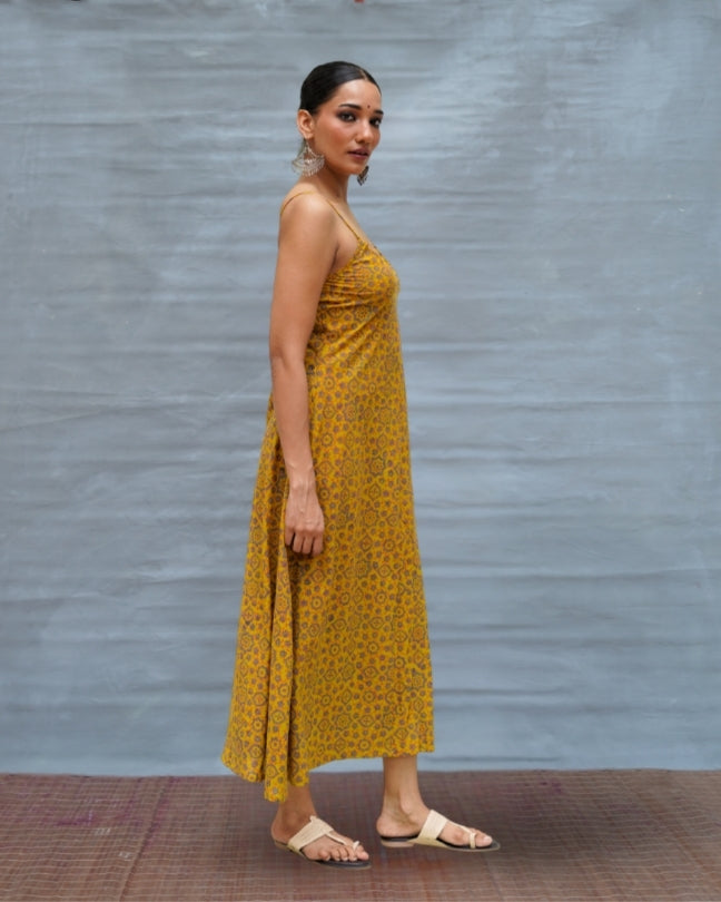 Worm Moon Yellow Handblock Print Cotton Dress - MNCH