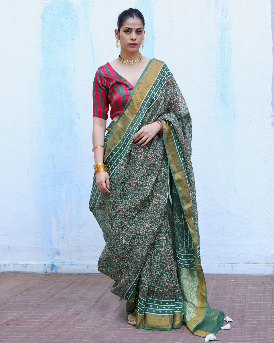 Deepti Green Handblock Print Linen Saree - RSH