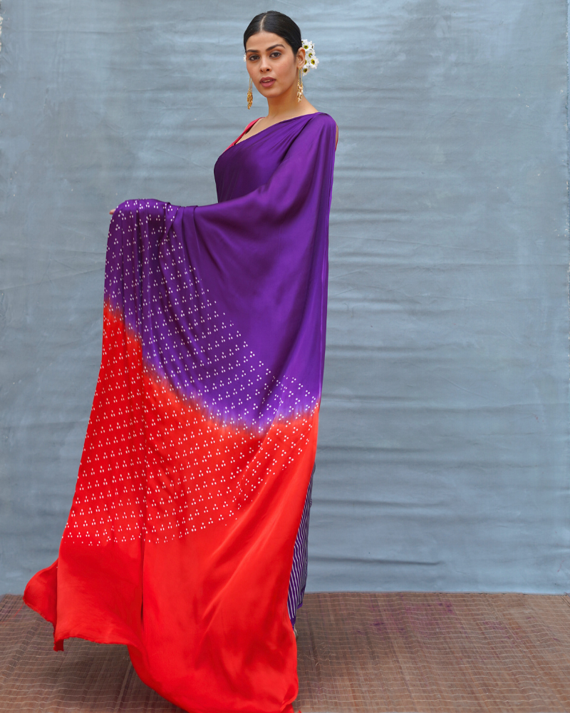 Still Current Purple Handblock Print Modal Silk Saree - Flow