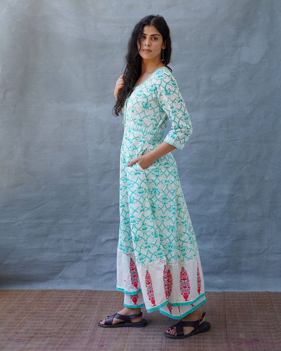 Chamomileâ€™s Calm Teal Green Block Printed Cotton Dress - MMG
