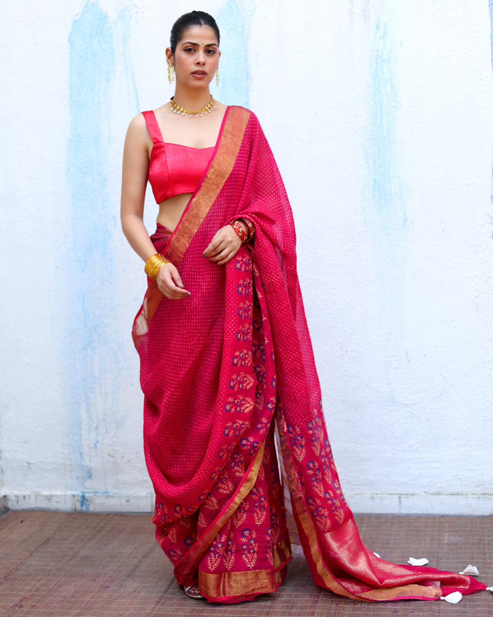 Mehr Pink Handblock Print Linen Saree - RSH
