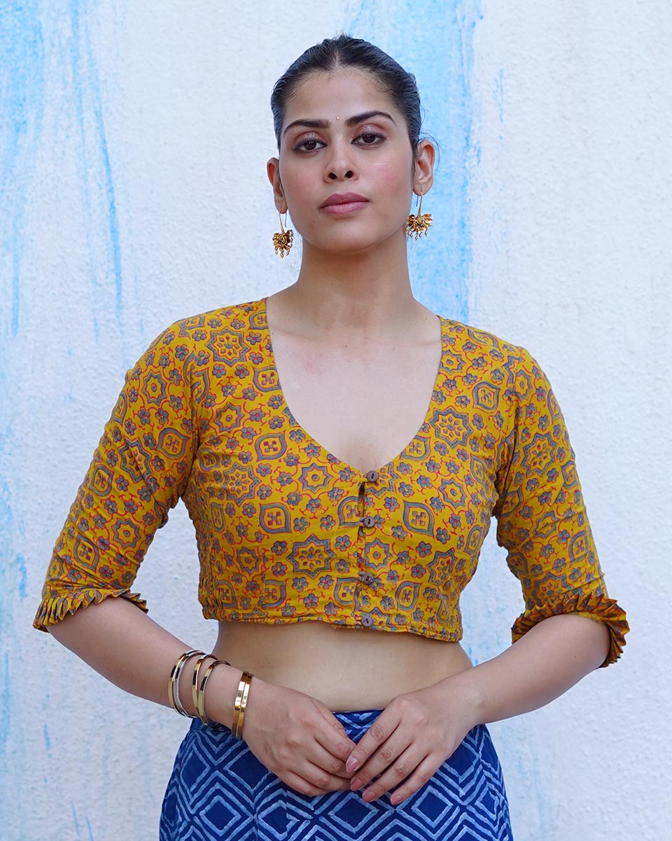 Swinging in veranda Mustard Yellow Hand Block Printed Cotton Blouse - UMT