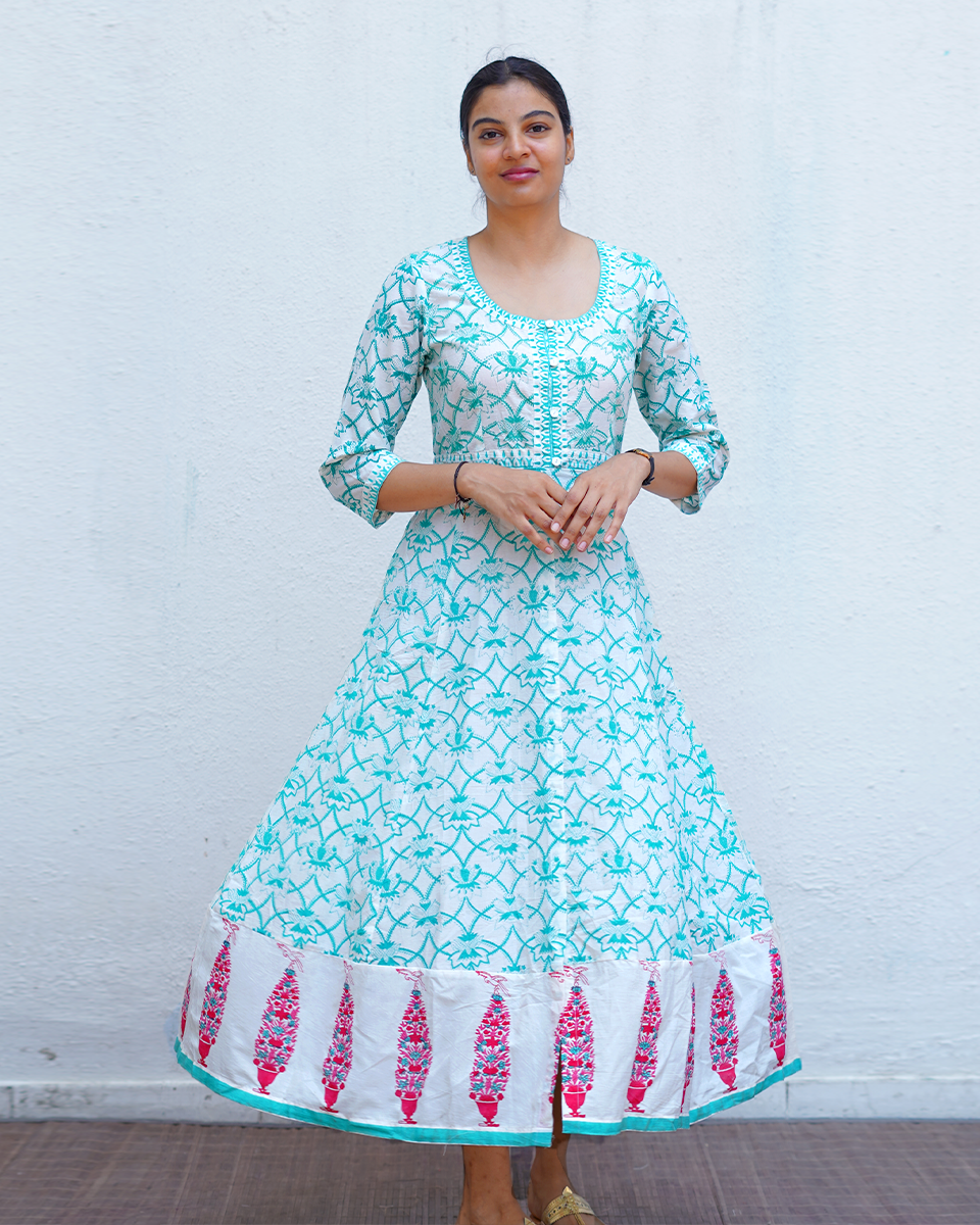 Chamomileâ€™s Calm Teal Green Block Printed Cotton Dress - MMG