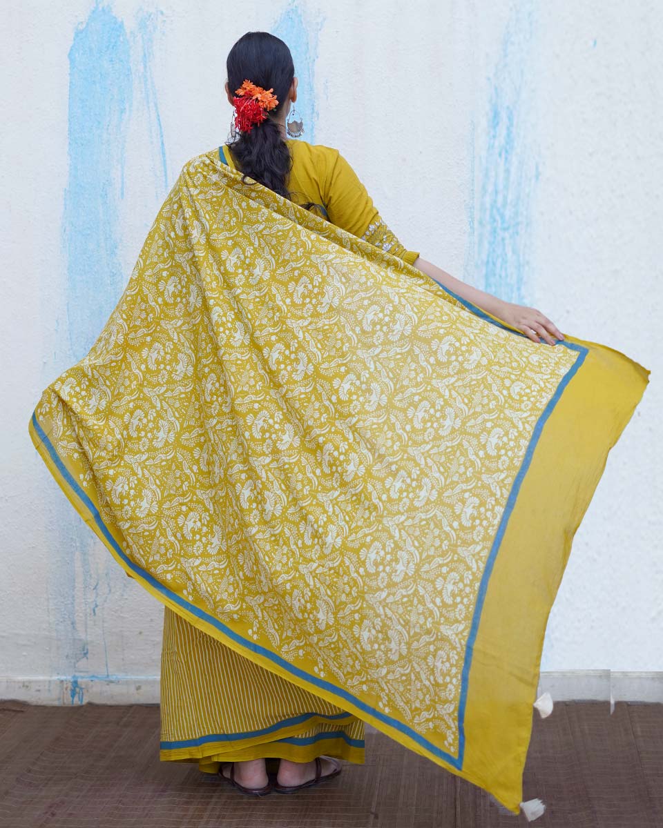 Pakhi Yellow Handblock Print Cotton Saree - BFG