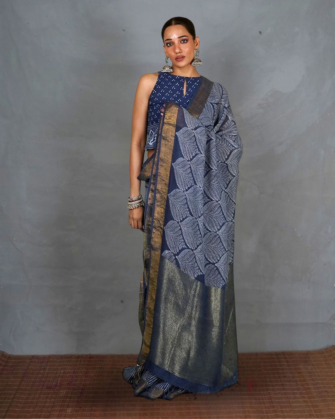 Malhari Blue Handblock Print Linen Saree - INDI
