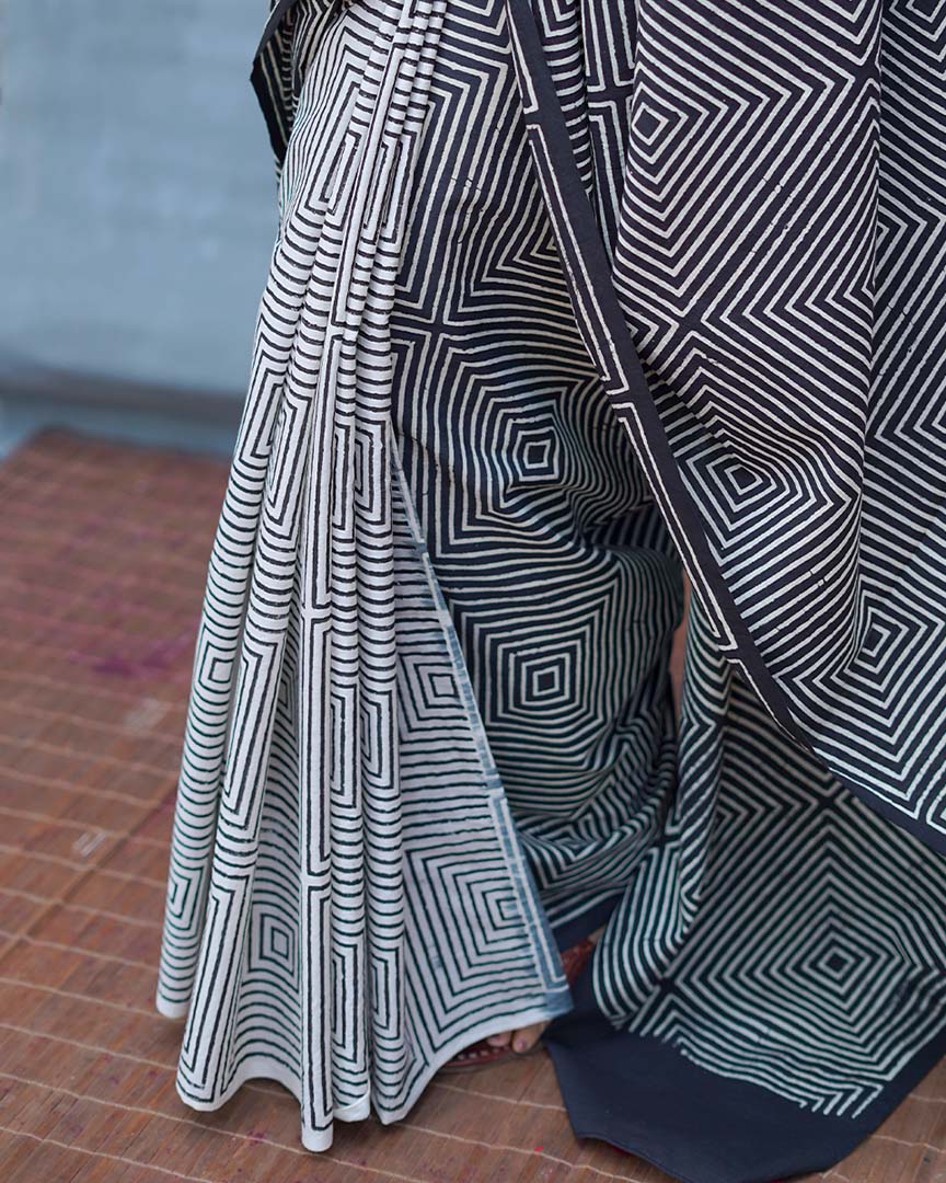 Vintage Muse Black & White Handblock Print Cotton Saree - M&M