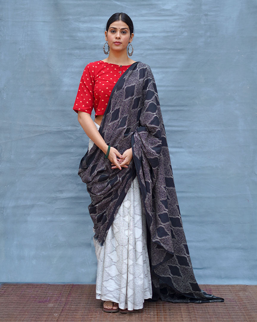 Black & White Tale Handblock Print Cotton Saree - M&M