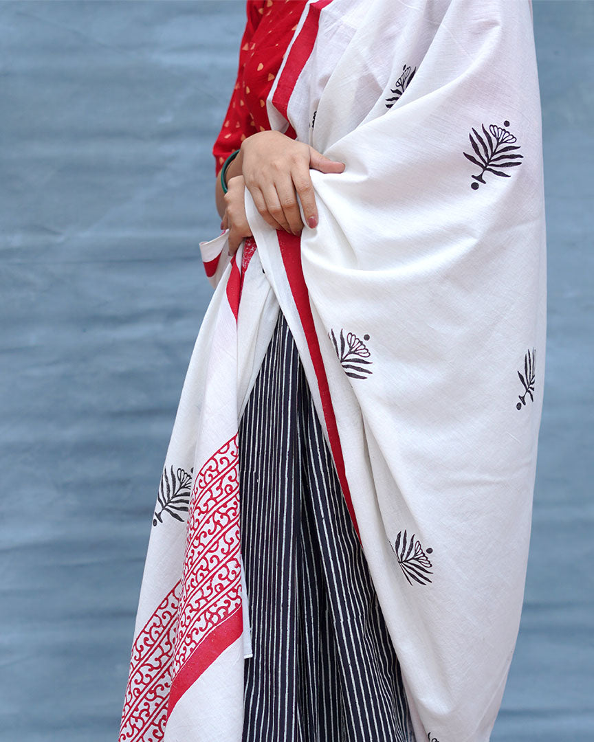 Moon & Mist Black & White Handblock Print Cotton Saree - M&M