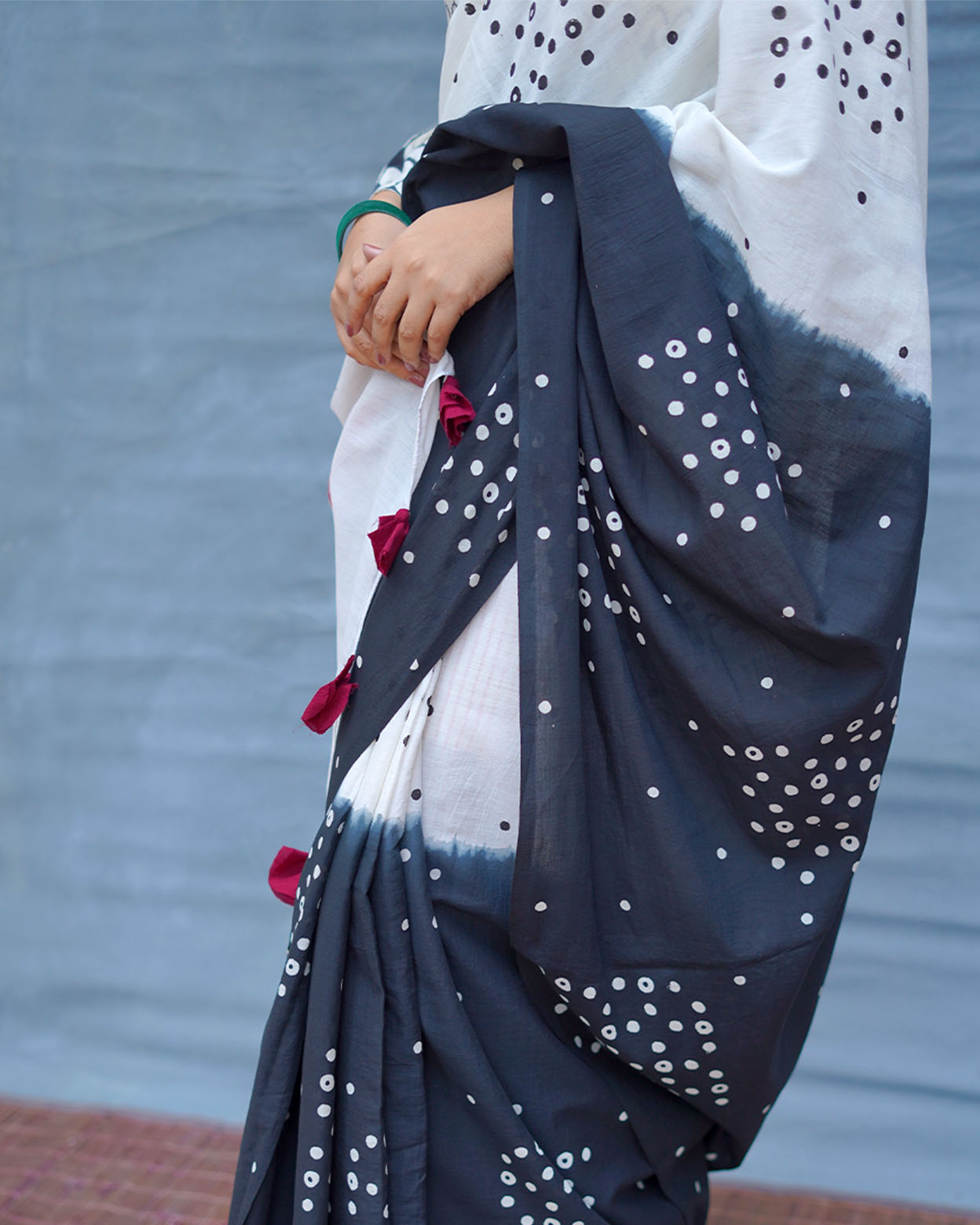 Colourblind Black & White Handblock Print Cotton Saree - M&M